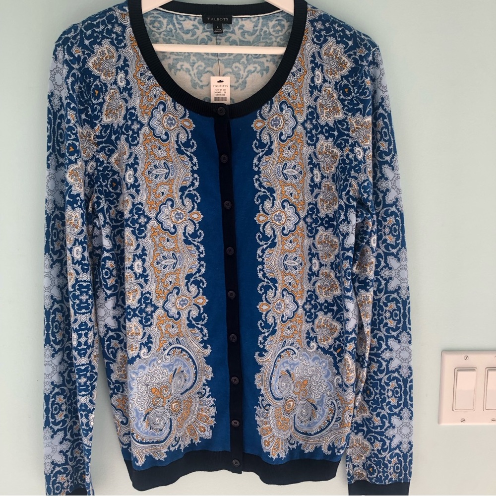Talbots NEW Size Large Button Front Cardigan Blue Black Elegant Long Sleeved